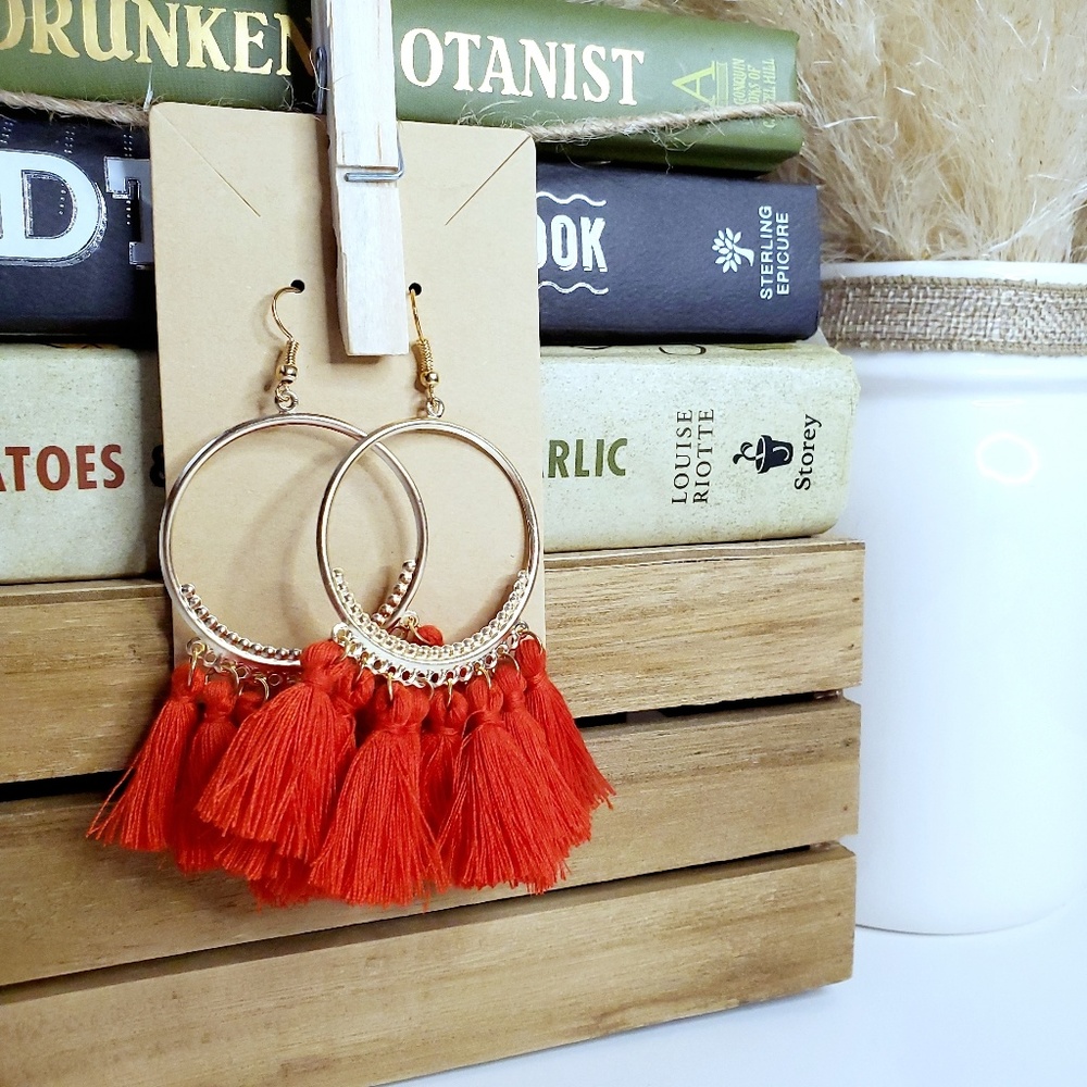 NWT Red Bohemian Cotton Tassle Hoops Gold